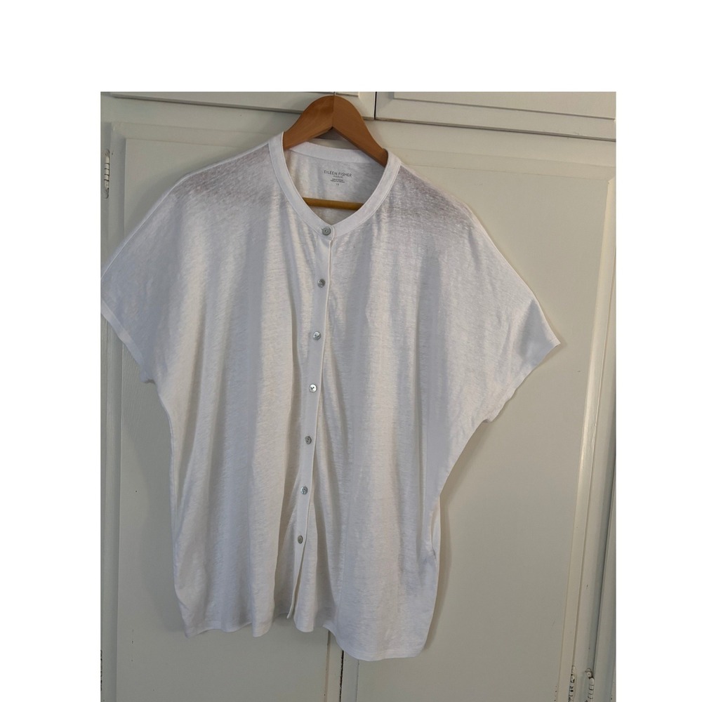 Eileen Fisher Woman 1X White Organic Linen Knit Button Front Short Sleeve Top